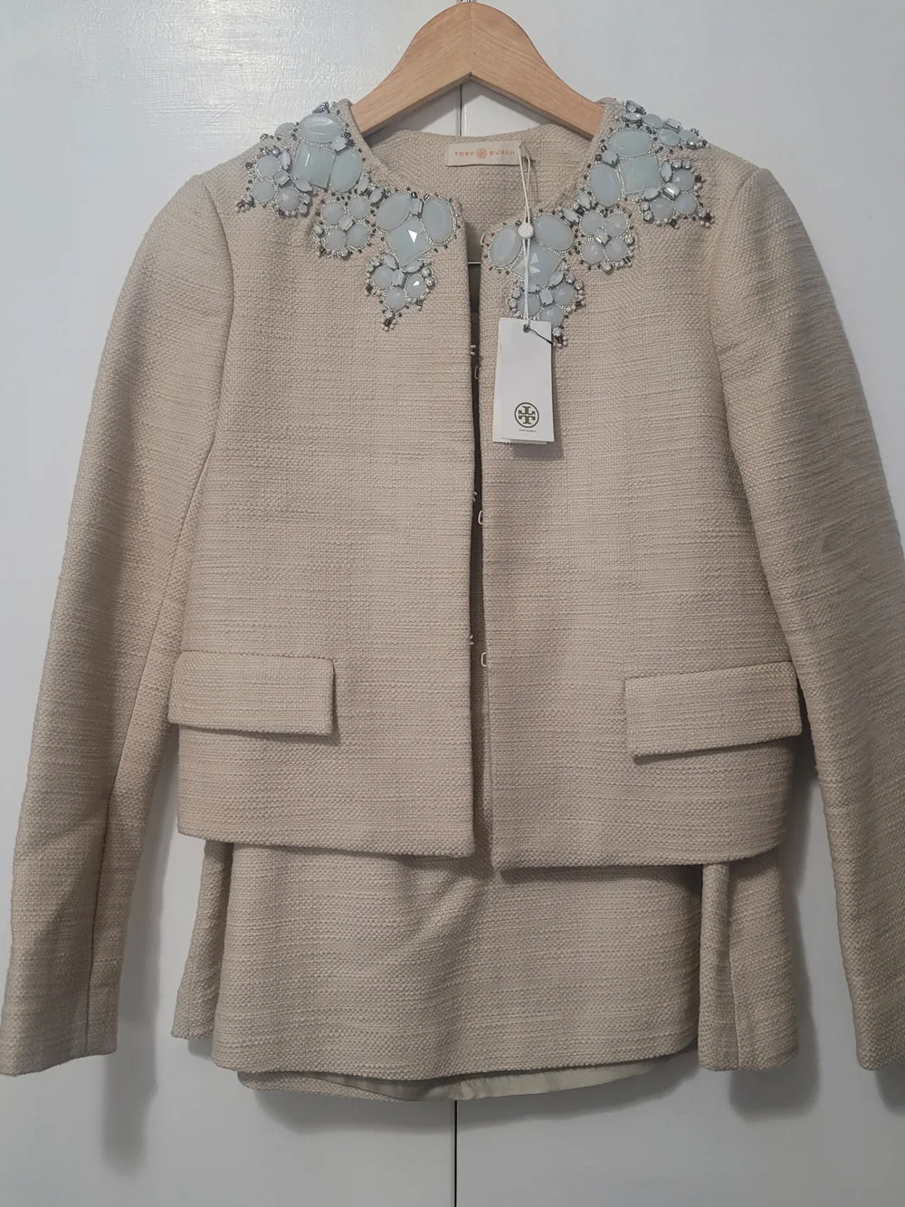 Tory Burch Cream Embellished-Collar Skirt Suit Jacket And Skirt Reg $650